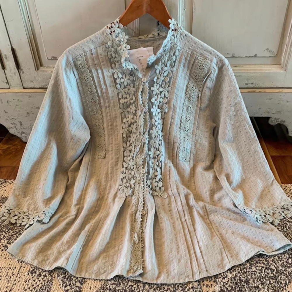 New Bohemian Grey Lace 3/4 Sleeve Button Front Floral Romantic Blouse Top Shirt - Picture 3 of 7